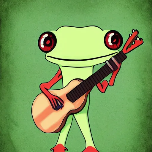 Image similar to cute anthro anime frog playing the banjo, digital art