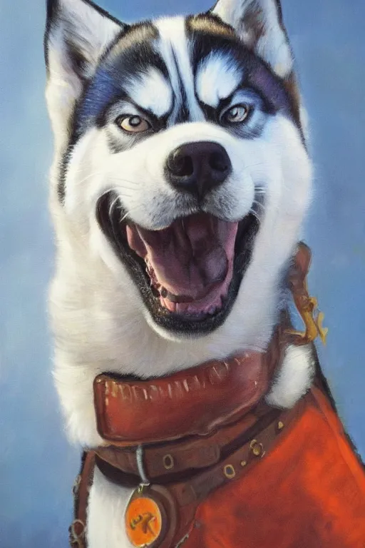 Image similar to a portrait painting of a husky in cowboy costume in the style of anime, character design, a fistful of dollars, per un pugno di dollari