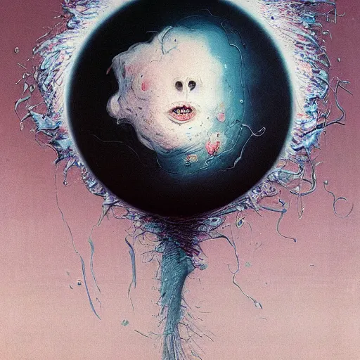 Prompt: a sphere being devoured by abstract splatters of white paint in the style of francis bacon, venus being engulfed in white flames in the style of james jean, surreal, beksinski, high detailed