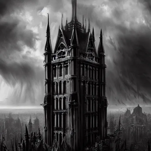 Image similar to an ultra detailed black and white matte painting of a lonely and impossibly tall ominous gothic dark citadel tower of the evil patriarch, in the style of magic the gathering, in a river elevated high above the city, flintlock fantasy capital city, ultrawide lense, aerial photography, scary thunderstorm, exquisite detail, 8 k, art by greg rutkowski and alphonse mucha