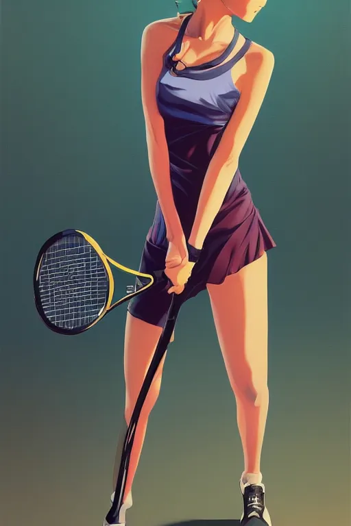 Prompt: a girl holding a tennis racket, full shot, intriguing outfit, fine - face, realistic shaded perfect body, fine details. night setting. very anime style. realistic shaded lighting poster by ilya kuvshinov katsuhiro, magali villeneuve, artgerm, jeremy lipkin and michael garmash, rob rey and kentaro miura style, trending on art station