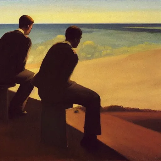 Prompt: Edward Hopper painting of tired and battered soldiers looking up and observing the first rays of sunlight during dawnbreak, dramatic painting, dark, scary, hopeful