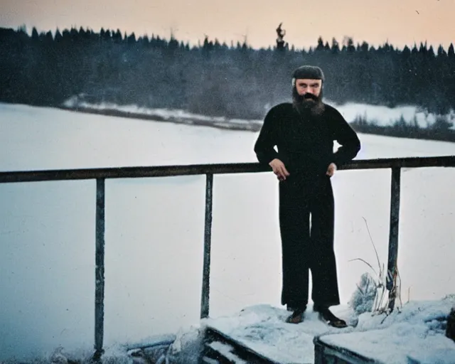 Image similar to lomographic tarkovsky film still of 4 0 years russian man with beard and sweater standing on small hrushevka 9 th floor balcony in taiga looking at sunset, perfect faces, cinestill, bokeh