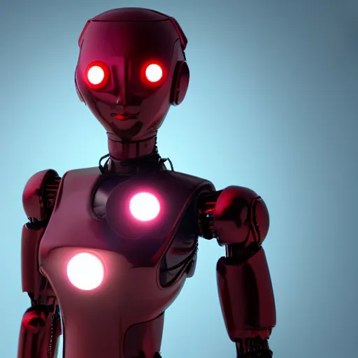 Prompt: a red humanoid robot, sci-fi concept art, photorealistic, leds, lens flare