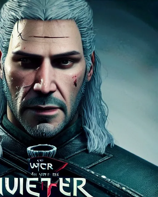 Image similar to Keanu Reevez in the role of Witcher III Gerald of Rivia, amazing short, 8K, IMAX, ultra detailed