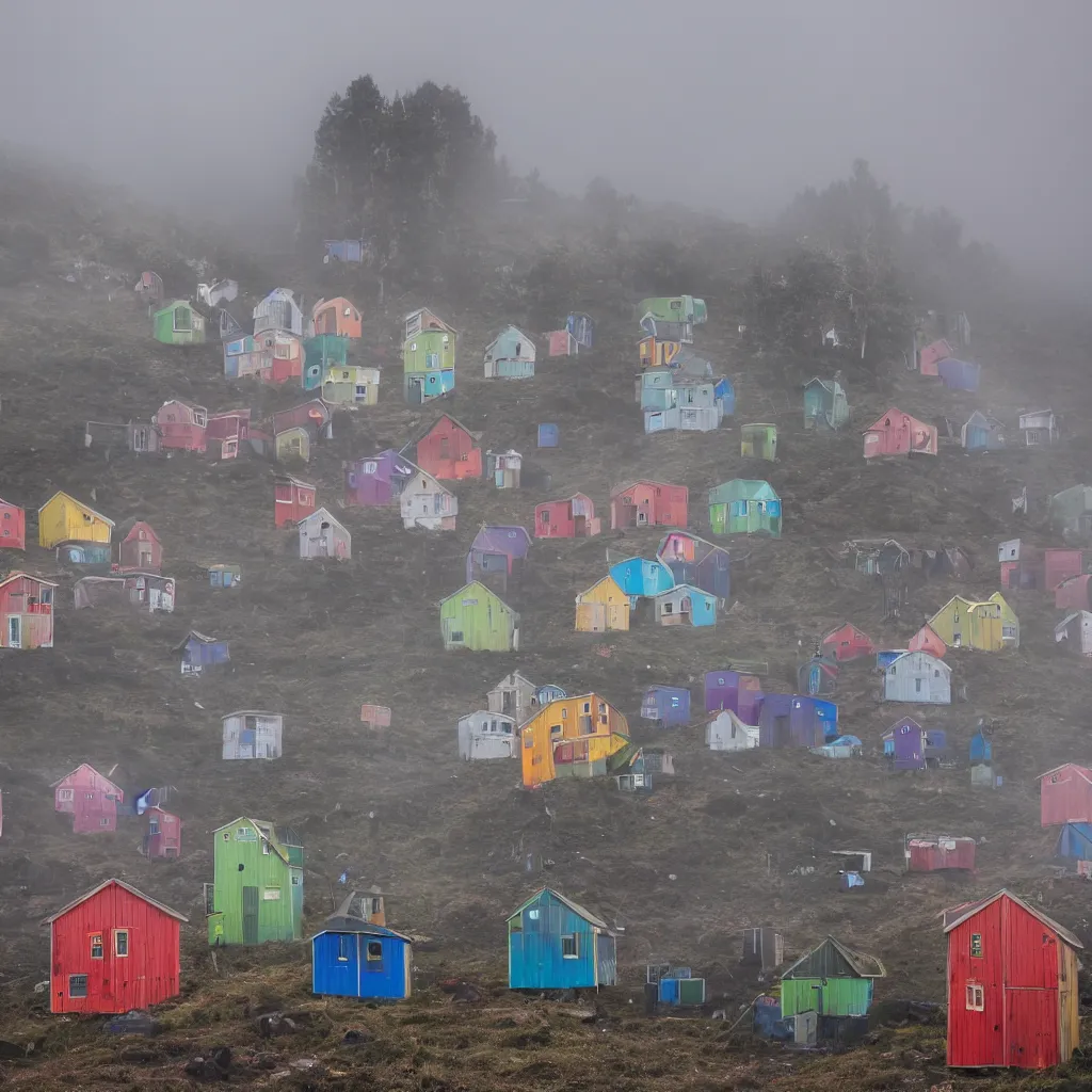 Image similar to two towers, made up of colourful makeshift squatter shacks, uneven fog, dystopia, sony a 7 r 3, f 1 1, fully frontal view, photographed by jeanette hagglund