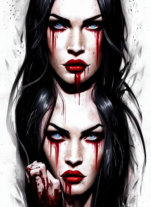 Image similar to portrait of megan fox as a evil vampire queen baring her fangs, bloody tears, jewelry, greek, dark, fangs, intricate, headshot, fangs, key visual, conceptart, ambient lighting, highly detailed, digital painting, artstation, concept art, sharp focus, by makoto shinkai and akihiko yoshida and greg manchess