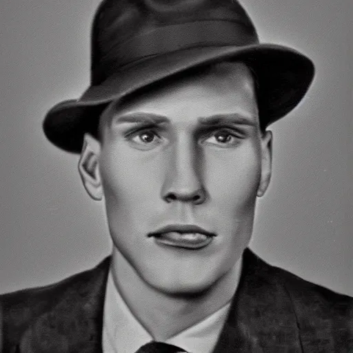 Image similar to A photograph portrait of Jerma985 wearing a suit with and fedora in the 1940s, taken in the early 1940s, grainy, taken on a 940s Kodak Camera, realistic, hyperrealistic, very realistic, highly detailed, very detailed, extremely detailed, detailed, digital art, trending on artstation