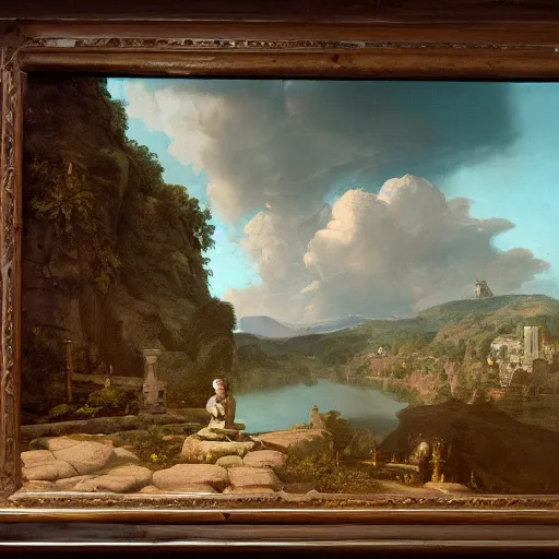 Image similar to a happy frog by Ansel Adams and Bernardo Bellotto, oil on canvas, artstation, dramatic scenery, masterpiece, aesthetic