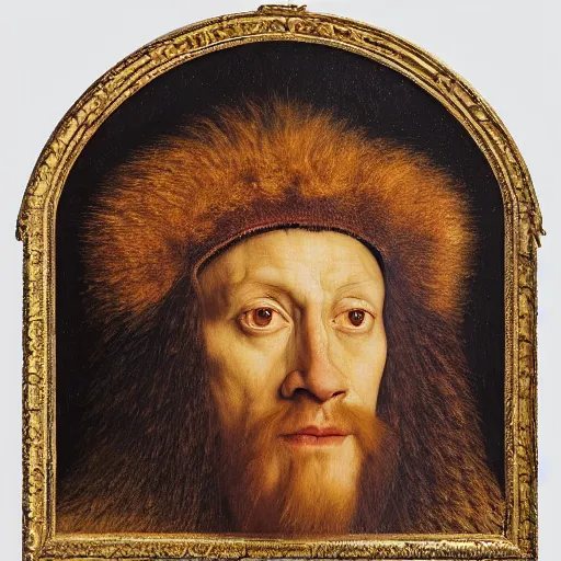 Image similar to portrait of a king with a lions head for a head, oil painting by jan van eyck, northern renaissance art, oil on canvas, wet - on - wet technique, realistic, expressive emotions, intricate textures, illusionistic detail