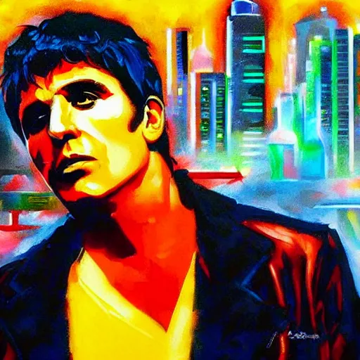 Image similar to ' acrylic painting of tony montana in a style of cyberpunk delivery club, in salvia divinorum, photorealistic glamour necro science'