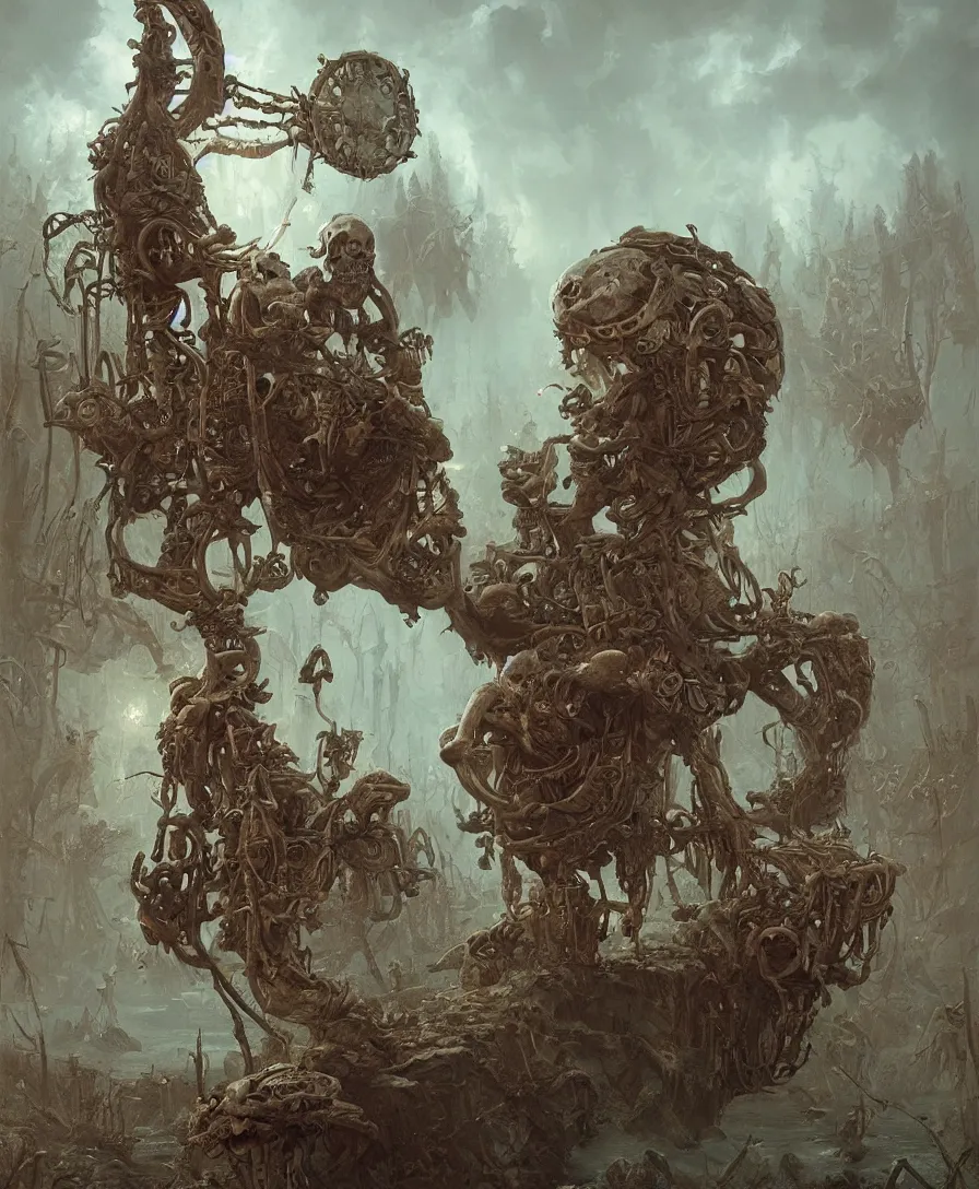 Image similar to big hand holding skull and bones, illustrated by Simon Stålenhag and Gaston Bussiere, intricate, ultra detailed, photorealistic, trending on artstation