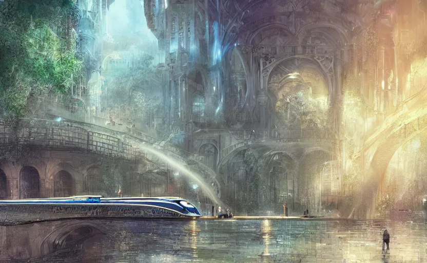 Image similar to An urban train rides inside of a waterway on a fantasy city, next to a fountain and a mystical palace. By William-Adolphe Bouguerea, Jordan grimmer, fractal flame. Highly_detailded