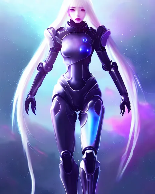 Image similar to perfect android girl family, full body character design, warframe armor, beautiful face, scifi, futuristic, galaxy, nebula, bae suzy, dreamy, long white hair!!!, blue eyes, bold fashion and strong silhouettes, cinematic lighting, highly detailed, artstation, divine, by huifeng huang, smooth gradient.