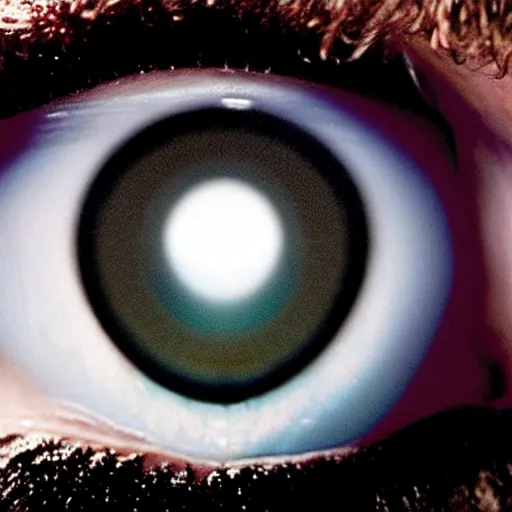 Image similar to an extreme closeup of Weird Al's eye reflected in his eye is earth shrinking away