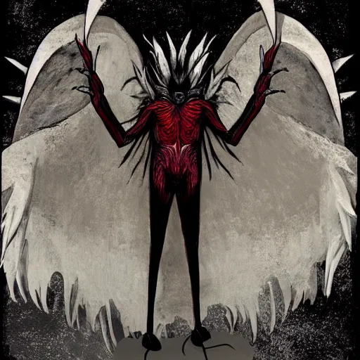 Image similar to 4K headshot of mothman holding something and bloody clothes with giant wings , intricate face , flawless anime cel animation by Kentaro Miura,psychedelic , highly detailed upper body , professionally post-processed , beautiful, scary, symmetry accurate features, epic, octane rendered, anime masterpiece, accurate