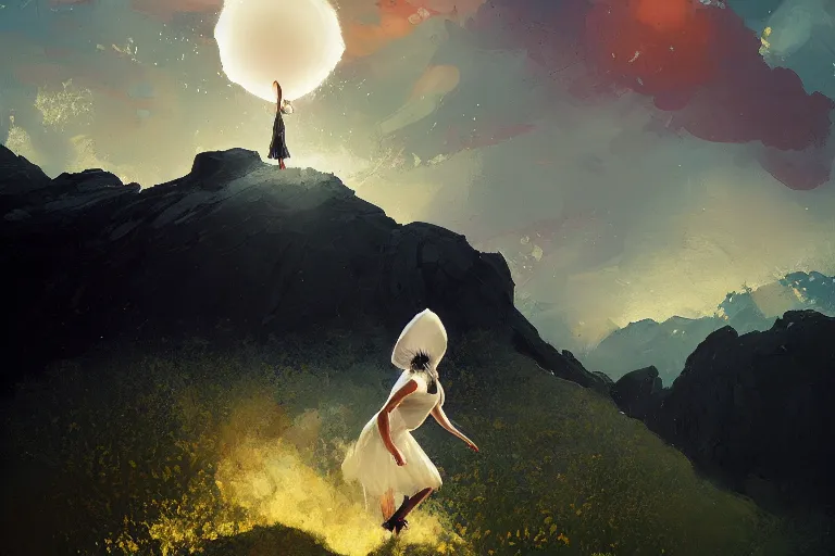 Prompt: huge white daisy flower on head, girl dancing on cliff, surreal photography, solar eclipse, milky way, dramatic light, impressionist painting, clouds, digital painting, artstation, james gilleard, liam wong, jeremy mann, simon stalenhag
