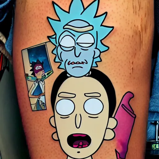 Prompt: rick and morty as weekend at bernies, pinup style tattoo, photograph