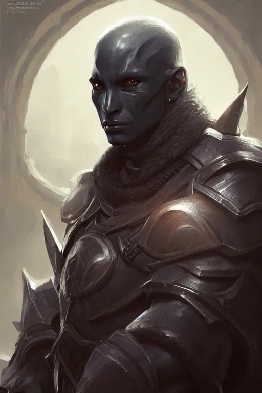 Prompt: head and shoulders portrait of an eldrich knight, drow, dark elf, shadar kai, male, high fantasy, d & d, by greg rutkowski, face details, extremely detailed, digital illustration