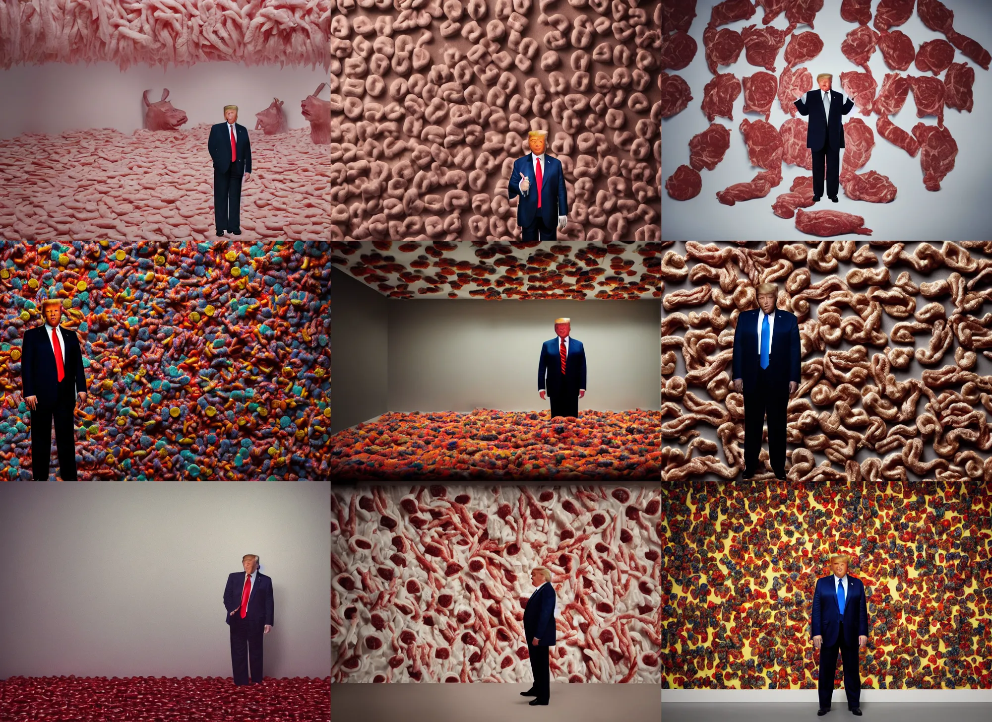 Prompt: close up of donald trump standing close to camera, room made of full of raw meat gummibears, butchery floor, cinematic focus, polaroid photo, vintage, neutral dull colors, soft lights, dramatic, by oleg oprisco, by thomas peschak, by discovery channel, by victor enrich, by gregory crewdson