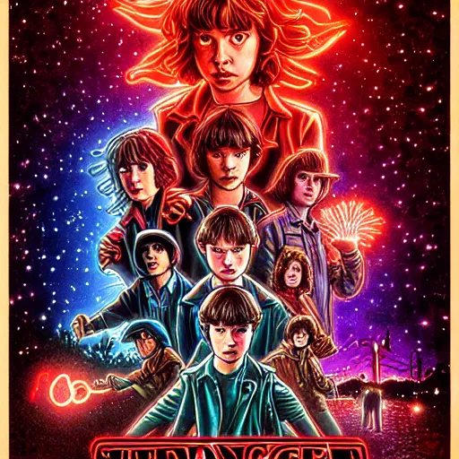 Image similar to Stranger Things poster by Ashley Wood and Mike Mignola and Drew Struzan, artstation, 80's American sci-fi poster style, 4K detailed post processing, footage