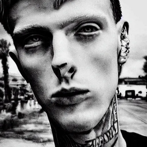 Image similar to “a realistic detailed photo of a guy who is an attractive humanoid who is half robot and half humanoid, who is a male android, rapper Machine Gun Kelly, shiny skin, posing like a statue, blank stare”