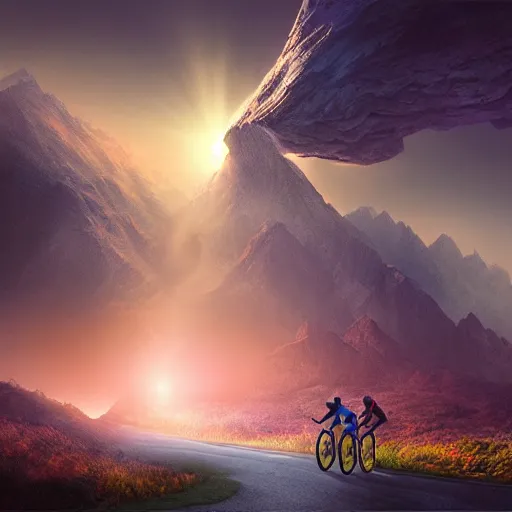 Prompt: Distant mountains lights photo, Two people riding bicycles, dreamscape, dramatic lighting, fantasy art illustration, hyperdetailed, hyper realistic, octane, detailed, in the style of Frangois Boucher