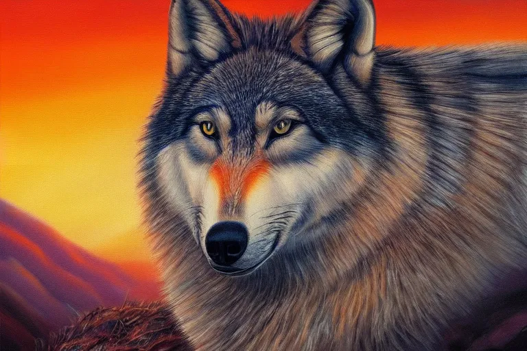 Image similar to wolf on the mountain, extremely detailed oil painting, sunset, orange gradient, 8k