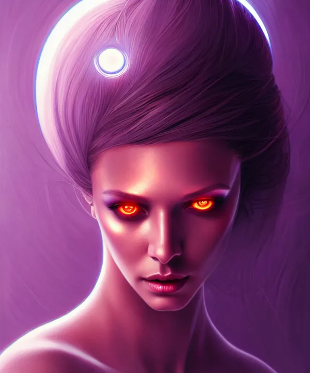 Image similar to Supermodel woman turning into an Android portrait, dark surrealism , scifi, intricate, elegant, long dark hair, highly detailed cybernetic body, neon glowing eyes, digital painting, artstation, concept art, smooth, sharp focus, illustration, art by artgerm and moebius and alphonse mucha