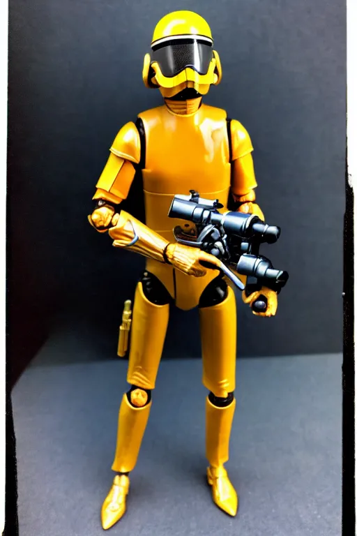Prompt: beautiful photograph of a full body, vintage, sci - fi, action figure, with helmet and visor, holding a blaster