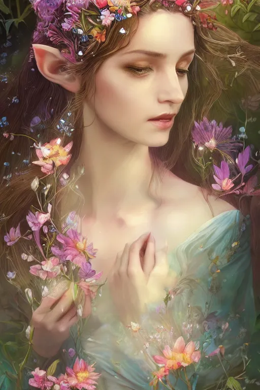 Image similar to a portrait of a beautiful elvish goddess with flowers in her hairs , hd, 4k, 8k, highly detailed, sharp, ethereal, astral environment in style of Anna Dittmann and Mark Arial and Artgerm