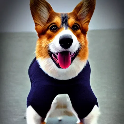 Prompt: A portrait of a corgi wearing yoga pants, natural lighting, realistic