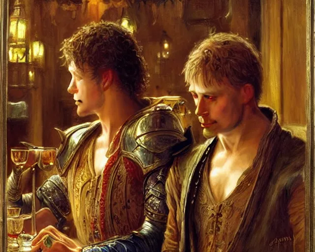 Image similar to attractive arthur pendragon and attractive lancelot go to a pub together to have some drinks. highly detailed painting by gaston bussiere, craig mullins, j. c. leyendecker 8 k