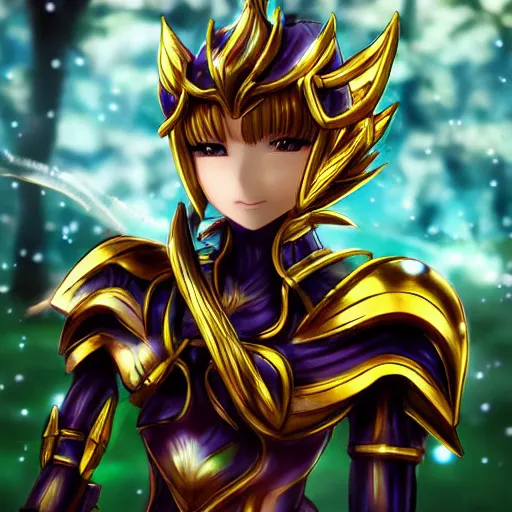Image similar to portrait focus of knight beautiful 3D anime girl, golden armor wearing, dark forest background, snowing, bokeh, inspired by Masami Kurumada, digital painting, high contrast, unreal engine render, volumetric lighting, high détail