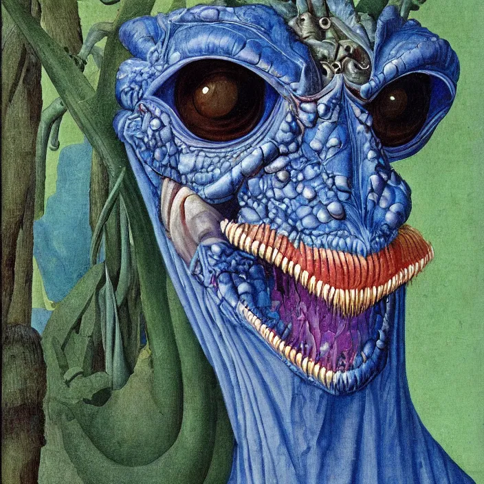 Prompt: close up portrait of a mutant monster creature with colorful exotic indigo iris eyes, crystal teeth, mantis composure. by jan van eyck, audubon