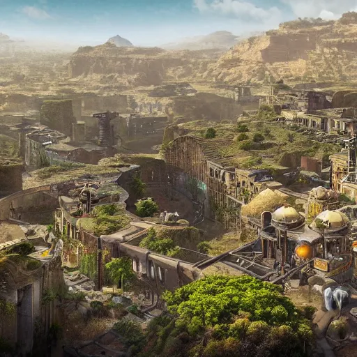 Prompt: An expansive solarpunk city in the Simien Mountains, intricate details, background depth, rich colour, photorealism, intricate, elegant, highly detailed, smooth, 8k, sharp focus,