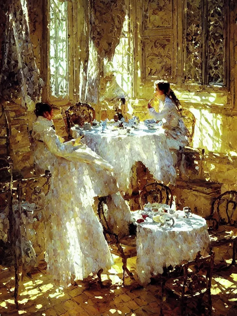 Prompt: friends, high tea, cast shadows, amazing impressionistic oil painting by alexi zaitsev, melinda matyas, denis sarazhin, karl spitzweg, intricate details, fractal leaves, tall windows, high quality, brush strokes, award winning, sharp focus, cool white