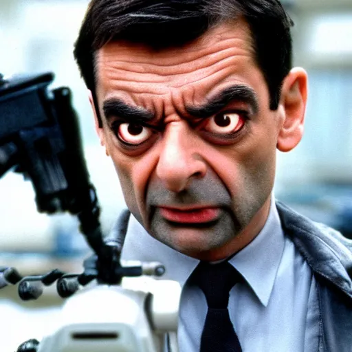 Prompt: film still of Mr. Bean playing Terminator, 4k