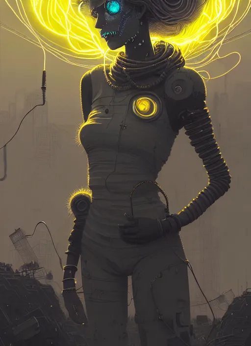 Image similar to highly detailed portrait of wasteland punk long curly bright yellow and white plasma electricity hair tribal lady, stray electric spark wiring by atey ghailan, james gilleard, by joe fenton, by greg rutkowski, by greg tocchini, by kaethe butcher, 4 k resolution, gradient yellow, black and white color scheme!!! ( ( lightning cloudy robotic dystopian city background ) )