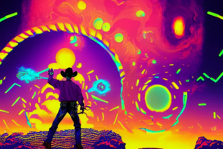 Image similar to an old western cowboy opening a portal to another dimension, psychedelic, vaporwave, synthwave, retro, digital art, acrylic, detailed,