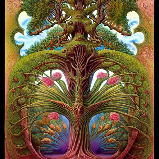 Image similar to sacred mulberry tree by roger dean and andrew ferez, art forms of nature by ernst haeckel, divine chaos engine, tree of life, symbolist, visionary, art nouveau, botanical fractal structures, lightning, surreality, lichtenberg figure