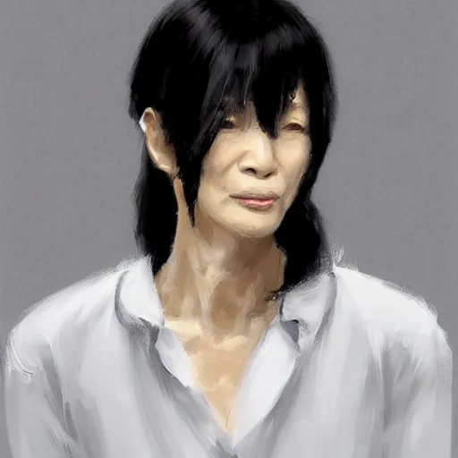 Prompt: Portrait of a woman by Greg Rutkowski, she is about 50 years old, japanese, black straight hair, attractive, elegant, airs of superiority, boss vibes, she is wearing white and black utilitarian jumpsuit, highly detailed portrait, scifi, digital painting, artstation, concept art, smooth, sharp foccus ilustration, Artstation HQ.