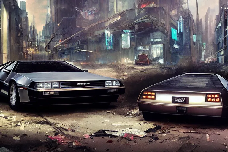 Image similar to photograph of the delorean, with a sleek spoiler, driving down the streets of a cyberpunk abandoned city, by greg rutkowski, by stanley artgerm, by alphonse mucha