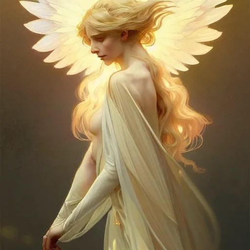 Prompt: Girl angel with elegant and delicate wings blonde hair and glowing halo, fantasy, intricate, elegant, highly detailed, digital painting, artstation, concept art, smooth, sharp focus, illustration, art by Krenz Cushart and Artem Demura and alphonse mucha