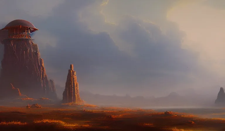 Prompt: A serene landscape with a singular building in the style of Bruce Pennington.