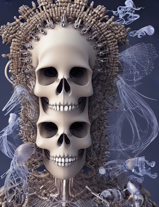 Image similar to 3 d goddess skeleton macro close - up portrait with crown made of ram skull. betta fish, jellyfish phoenix, bioluminiscent, plasma, ice, water, wind, creature, super intricate ornaments artwork by tooth wu and wlop and beeple and greg rutkowski