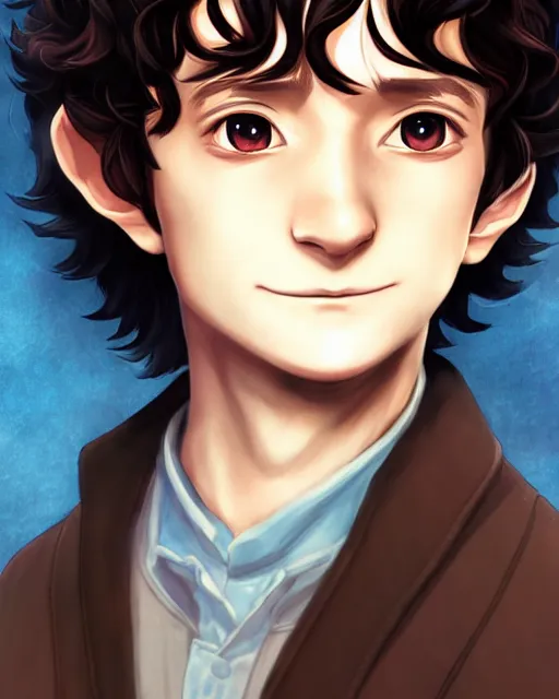 Image similar to portrait Anime joyful Hobbit Frodo Baggins; velvet brown jacket, backpack, Shire background || cute-fine-face, pretty face, realistic shaded Perfect face, fine details. Anime. realistic shaded lighting by Ross Tran