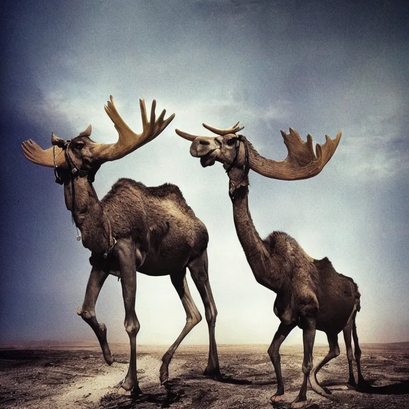 Image similar to an otherworldly camel moose, walking in an extraterrestrial desert. pulp sci - fi art. dark background