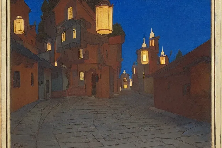 Image similar to winding street at midnight in a very old very beautiful city by George Price Boyce and Nicholas Roerich and William Dyce, glowing paper lanterns, strong dramatic cinematic lighting , ornate tiled architecture, lost civilizations, smooth, sharp focus, extremely detailed