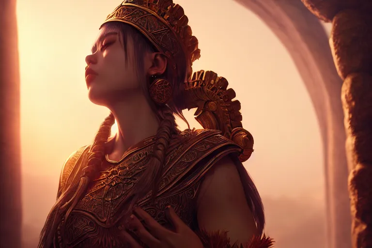 Image similar to a priestess praying to the god of war, occlusion shadow, specular reflection, rim light, unreal engine, octane render, artgerm, artstation, art by yao wang, high quality, intricate detailed 8 k, fantasy illustration, extremely beautiful and aesthetic shape of face and body